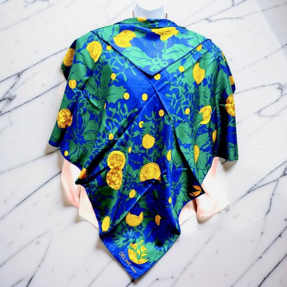 Vgt  Celine Paris 100% Silk Scarf Satin 34"  Green Blue Purple Floral Gold   (38 - Picture 2 of 16